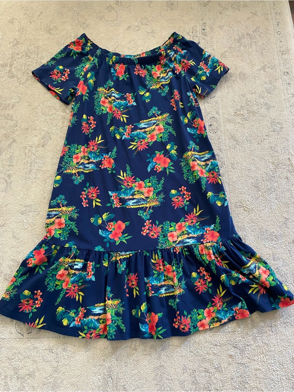 Lands' End Tropical Floral Ruffle Hem Swing Dress Off Shoulder Cotton Medium